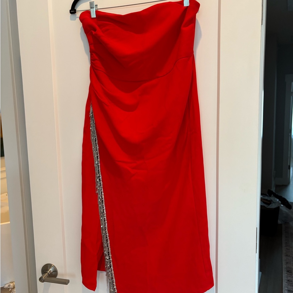 Elegant Red Strapless Dress with Silver Rhinestone Accent Size Large